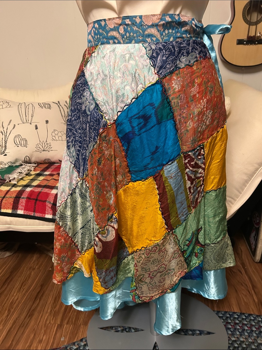 Bohemian Patchwork Satin-Trim Midi Wrap Around Skirt in Multicolor